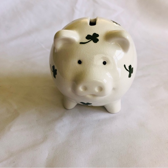 Piggy Bank White with Green Irish Shamrocks Ceramic 4” x 3” - Picture 2 of 6